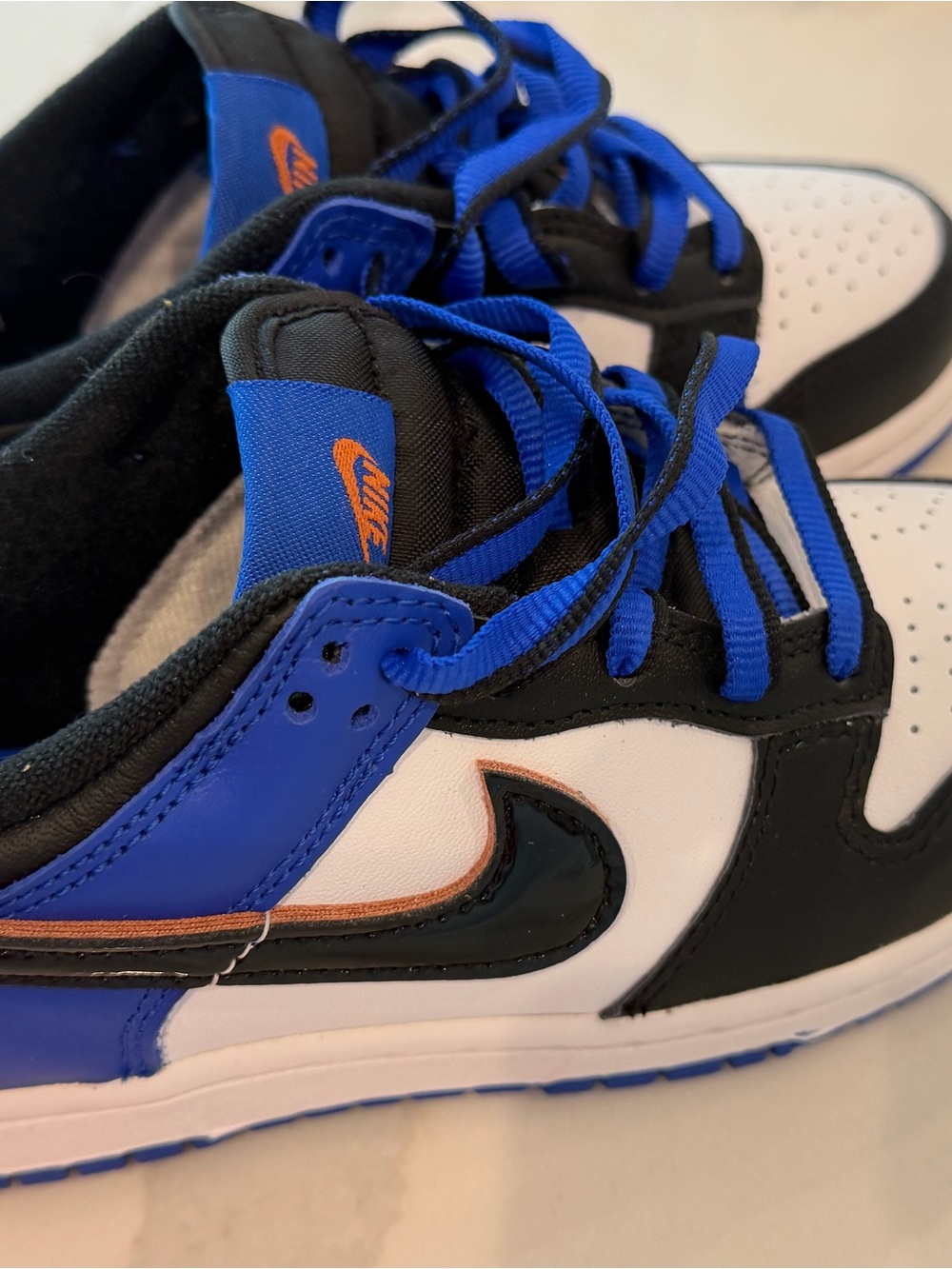 Nike Dunk Low SE (PS) Kids Blue, Black & White Sneakers with Orange Accent